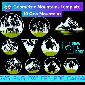Geometric Mountains and forest Canva frame bundle, Outdoors Adventure Sublimation Designs PNG, Landscape Logo, Mountains and Forest