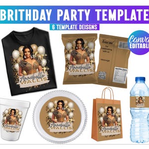 May include: A collection of party supplies featuring a woman's image, gold and white balloons, and the text "Annabelle Wallis." Items include a black t-shirt, snack bags, a gift bag, a water bottle, a plate, and a cup. The text "BRITHDAY PARTY TEMPLATE" is at the top.
