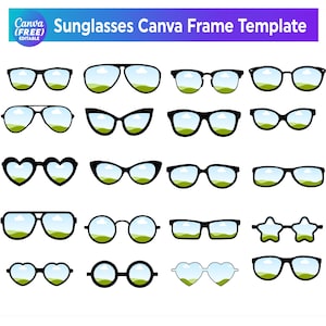 May include: A selection of sunglasses templates in diverse styles, including round, square, cat-eye, and heart-shaped frames. The lenses feature a green landscape design. The image includes the text "Sunglasses Canva Frame Template".