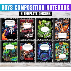 May include: Eight composition notebooks featuring diverse graphic designs including an astronaut, race car, soccer, basketball, monster truck, football, video game controller, and BMX bike. Each notebook has a white label for a name.