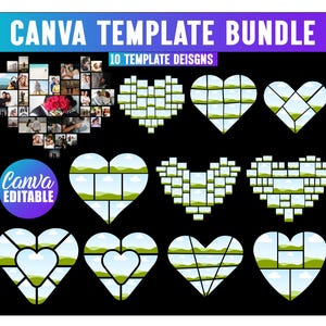 Peut inclure: Image promotionnelle d'un ensemble de modèles Canva, avec le texte "CANVA TEMPLATE BUNDLE" en dégradé bleu et blanc. L'image présente 10 modèles en forme de cœur, dont des collages photo et des mises en page modifiables. Un logo circulaire avec "Canva Editable" est également présent.