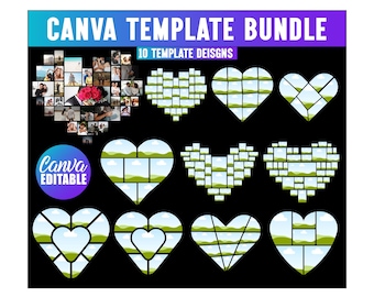 Może przedstawiać: Grafika pakietu szablonów Canva z tekstem "CANVA TEMPLATE BUNDLE" w niebiesko-białym gradiencie. Obraz zawiera 10 wzorów szablonów w kształcie serca, w tym kolaże zdjęć i edytowalne układy. Obecne jest również okrągłe logo z napisem "Canva Editable".