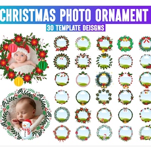 以下が含まれることがあります： クリスマスフォトオーナメントのテンプレートを示すデジタル画像。「CHRISTMAS PHOTO ORNAMENT」と「30 TEMPLATE DESIGNS」のバナー。テンプレートには写真用のスペースがあるリースが含まれており、赤ちゃん写真の2つの例があります。