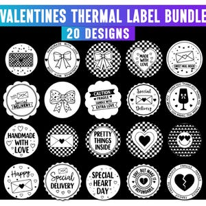 Op de afbeelding: Een verzameling van 20 thermische labelontwerpen voor Valentijnsdag in zwart en wit. De labels bevatten verschillende ontwerpen, waaronder harten, strikken, enveloppen en zinnen als "Handmade with Love" en "Fragile". De tekst "VALENTINES THERMAL LABEL BUNDLE" staat bovenaan.