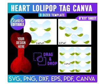 Valentine's Day Lollipop Tags Canva Editable, DIY Canva Template (Digital Download), Valentine's Day Lollipop Tags bundle