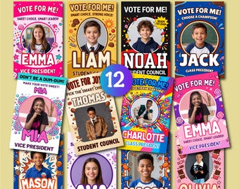 May include: A set of 12 candy card campaign treat templates featuring colorful designs with various student photos, names, and election slogans like Vote For Me. Each rectangular card includes candy-themed graphics and election titles.