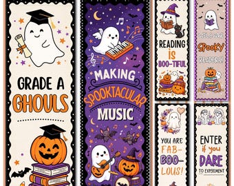 May include: A set of six vertical Halloween classroom banners featuring ghosts, pumpkins, and bats. Text includes "GRADE A GHOULS," "MAKING SPOOKTACULAR MUSIC," "READING IS BOO-TIFUL," "WELCOME SPOOKY READERS," "YOU ARE FAB-BOO-LOUS," and "ENTER if you DARE TO EXPERIMENT."