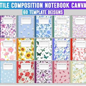 Toile Composition Notebook Covers Bundle, Composition Notebook Covers, Coquette Bows Composition Notebook Canva Editable Template