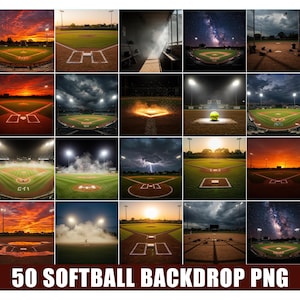May include: A collection of 25 softball field images with various lighting conditions, including sunsets, night scenes, and stormy weather. The text "50 SOFTBALL BACKDROP PNG" is displayed at the bottom of the image.