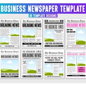 May include: A collection of ten newspaper templates with the headline "Business Newspaper Template." Each design features the words "Breaking News" and "The Business Times." The templates have space for images and text.