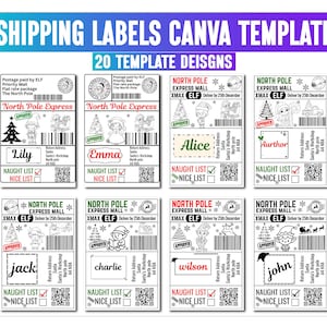 May include: A sheet of shipping label templates with the text "SHIPPING LABELS CANVA TEMPLATE". The labels feature festive designs with the text "North Pole Express" and names like "Lily" and "Emma".