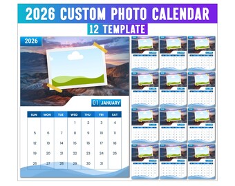 Editable Canva Photo Calendar for 2026, Canva Editable 2026, Unique 12-Month Designs, Drag & Drop Template, Calendar Template with Photos
