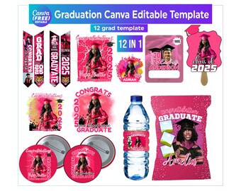 Peut inclure: Ensemble de modèles roses sur le thème de la remise des diplômes. Comprend des bannières, des autocollants, des étiquettes pour bouteilles d'eau, des boutons et un design de sac de chips. Les modèles présentent un diplômé en toge, l'année 2025 et le texte "Félicitations diplômé".