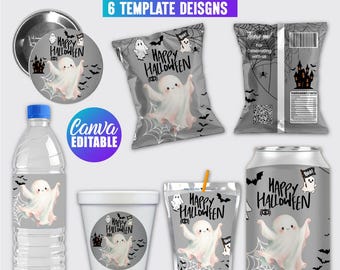 May include: A set of Halloween party favor templates featuring a ghost graphic, spider webs, and the text Happy Halloween. The collection includes labels for a water bottle, a snack bag, a drink pouch, a cup, and a circular button design.
