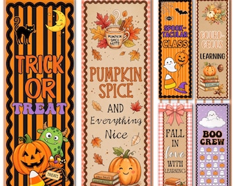 May include: A set of six vertical Halloween classroom banners featuring various designs including a black cat, a pumpkin, a green monster, a pumpkin spice latte, ghosts, and autumn leaves with text such as Trick or Treat and Boo Crew.