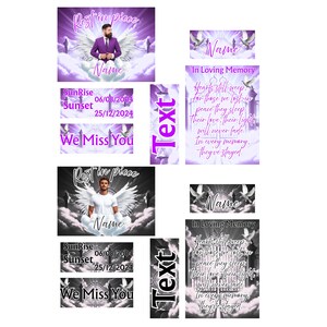 May include: Memorial designs featuring images of people with angel wings, clouds, and gates. Text includes "Rest in peace", "Name", dates, and "We Miss You". Additional text reads "In Loving Memory".