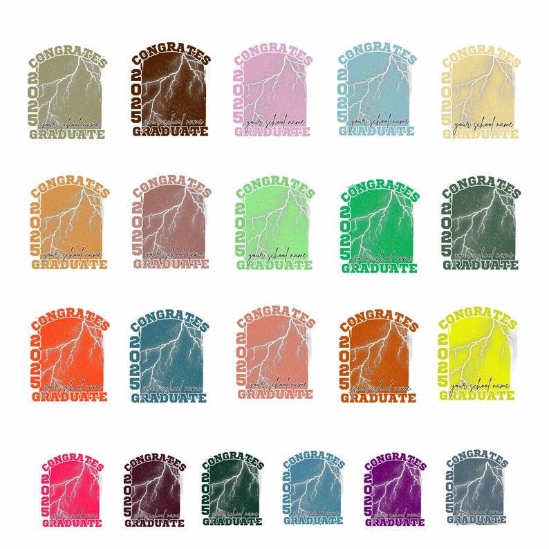 May include: A collection of graduation-themed designs. Each design features the word "CONGRATES" above "GRADUATE" and the year "2025". The designs are in various colors, with a lightning bolt graphic and space for a school name.