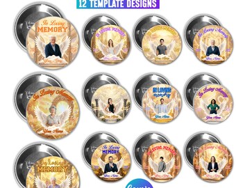 May include: A collection of 12 circular pin button templates featuring "In Loving Memory" text, golden celestial backgrounds, and illustrations of people with angel wings. The graphic includes the text "YELLOW PIN BUTTON CANVA TEMPLATE".