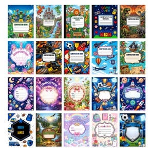 May include: A collection of twenty composition books featuring diverse illustrated covers including sports, fantasy, space, gaming, and nature themes. Each notebook displays a central label area with lines for name, grade, and subject information.