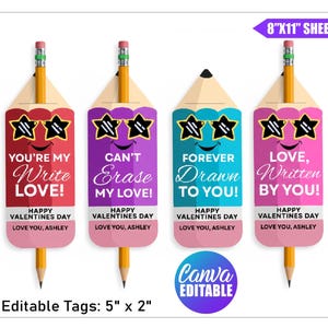 Op de afbeelding: Vier Valentijnsdag-potloodvormige labels met berichten. Elk label heeft een andere kleur: rood, paars, blauwgroen en roze. De labels hebben zonnebrillen en de berichten "You're my Write LOVE!", "Can't Erase my LOVE!", "Forever Drawn to You!", en "Love, Written by You!"