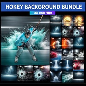 May include: A digital product bundle labelled "Hokey Background Bundle" with 20 PNG files. The image shows a hockey player in action, surrounded by a burst of teal colour, and a grid of hockey-themed backgrounds.