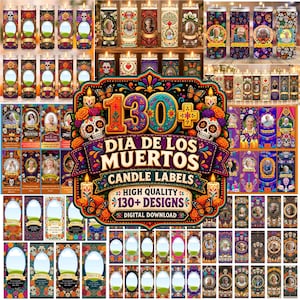 Peut inclure: Une collection de plus de 130 étiquettes de bougies Dia de los Muertos avec des motifs de crânes en sucre colorés, des fleurs et des cadres ovales pour photos. Le graphique central affiche le texte 130+ DIA DE LOS MUERTOS CANDLE LABELS.