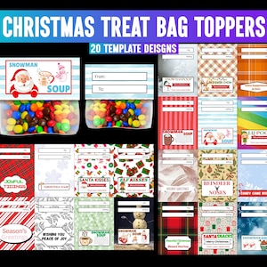 Könnte beinhalten: Eine Sammlung von Weihnachts-Tütenauflegern mit verschiedenen Designs. Die Aufleger enthalten Texte wie "Christmas Treat Bag Toppers", "Snowman Soup", "Santa Kisses" und "Season's Greetings". Das Bild zeigt auch Tüten mit bunten Süßigkeiten.