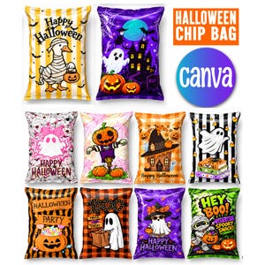 May include: A collection of eleven rectangular Halloween chip bag designs featuring various illustrations including a mummy duck, ghosts, pumpkins, haunted houses, and text such as Happy Halloween, Boo, and Hey Boo, displayed in a grid layout.