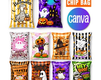 May include: A collection of eleven rectangular Halloween chip bag designs featuring various illustrations including a mummy duck, ghosts, pumpkins, haunted houses, and text such as Happy Halloween, Boo, and Hey Boo, displayed in a grid layout.