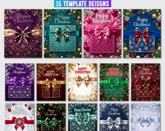 May include: A collection of 15 Coquette Jumbo Christmas Card templates featuring various festive designs. Each card displays a gift box motif with a prominent bow, decorative ribbons, and the text Happy Christmas, set against backgrounds of snowflakes, pine branches, and ornaments.