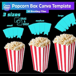 May include: A digital template for creating popcorn boxes in three sizes: small, medium, and large. The template is designed for use with Canva and includes 30 bootleg files. The image shows a blue and white box template with the words "DRAG & DROP" and a hand icon.