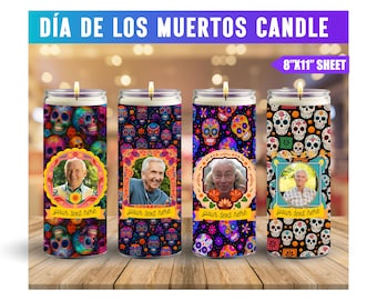 May include: Four Día de los Muertos candles with a colorful skull design. Each candle has a photo and the text "your text here". The top text reads "Día de los Muertos Candle" and the right text reads "8"X11" SHEET".