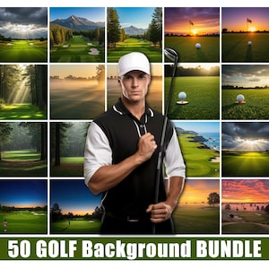 May include: A collage of golf course images, including landscapes with trees, fairways, and sunsets. A man in a white cap and black polo shirt holds a golf club. Text at the bottom reads "50 GOLF Background BUNDLE."