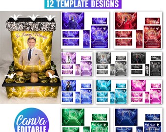 May include: A digital template set for a memorial mini fountain featuring 12 customizable designs. The display shows a sample fountain with a photo of a person, the text In Loving Memory, and decorative elements. Includes Canva editable files.