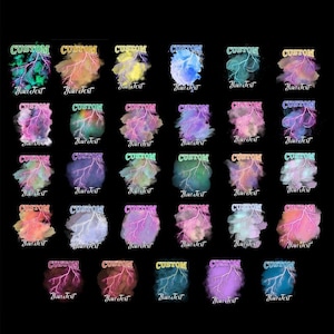 May include: A collection of custom design graphics on a black background. Each design features a colorful cloud-like shape with lightning bolts and the word "CUSTOM" above the text "Your Text". The designs vary in color.