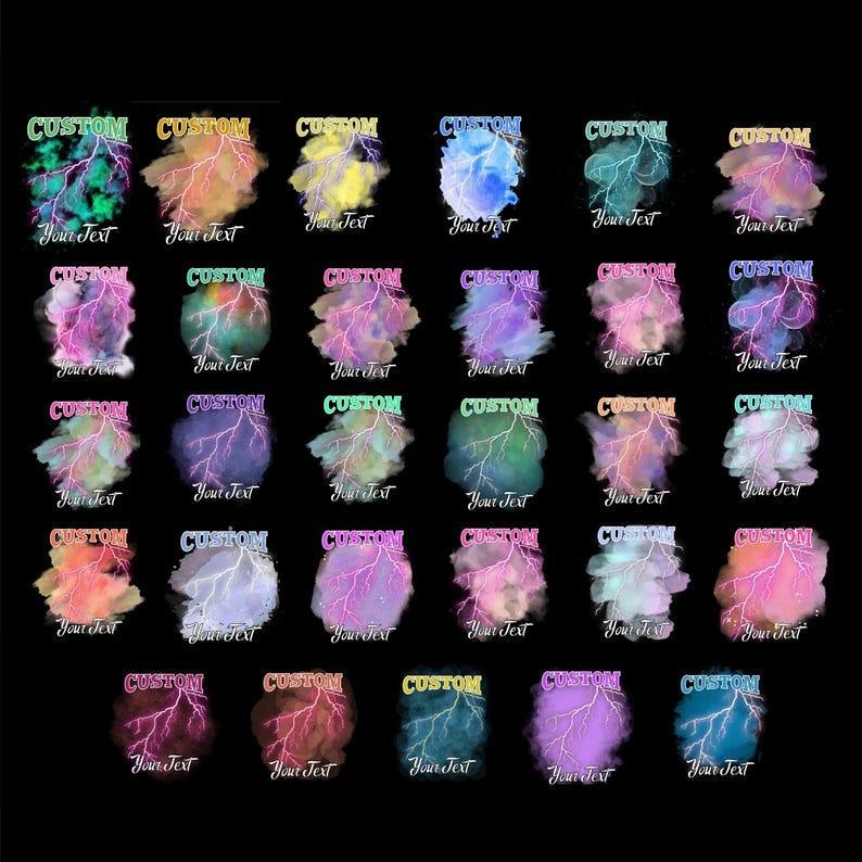 May include: A collection of custom design graphics on a black background. Each design features a colorful cloud-like shape with lightning bolts and the word "CUSTOM" above the text "Your Text". The designs vary in color.