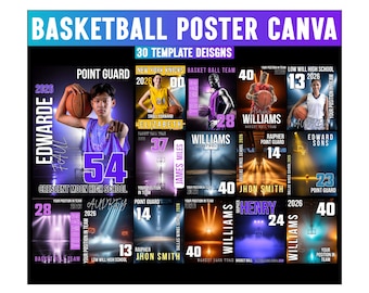 May include: Basketball poster Canva with 30 template designs. Features player portraits with team names, numbers, and positions. Includes text: "Edwarde Paul", "Crescent Moon High School", and "Williams".