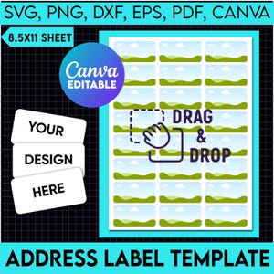 Op de afbeelding: Een vel met 8,5 x 11 inch adreslabels met een groen, blauw en wit landschapsontwerp. De labels zijn bewerkbaar in Canva en hebben een sleep-en-neerzetfunctie. De tekst "YOUR DESIGN HERE" staat op drie witte labels.