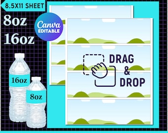 8oz, 16 oz Water Bottle Template, Blank Water Bottle Template svg, DIY Label Template, Canva Editable, Bottle Label Template