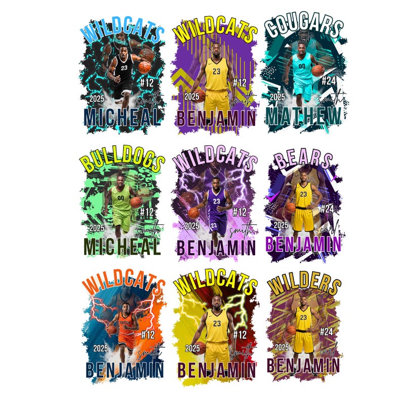 Puede incluir: Nueve dise&ntilde;os gr&aacute;ficos con tem&aacute;tica de baloncesto que presentan jugadores con uniformes de equipo. Cada dise&ntilde;o incluye nombres de equipos como Wildcats y Bears, nombres de jugadores, n&uacute;meros y el a&ntilde;o 2025. Los dise&ntilde;os utilizan colores vibrantes y efectos visuales din&aacute;micos.