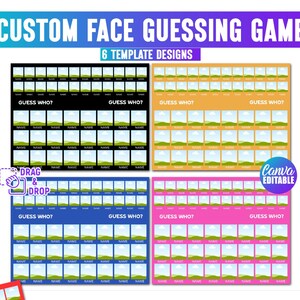 May include: A custom face guessing game template with six design options. The game boards are in black, orange, blue, and pink, each featuring spaces for photos and names, with the text "Guess Who?" at the top. The design includes "Drag & Drop" and "Canva Editable" text.