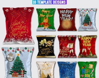 May include: A collection of ten digital chip bag templates featuring holiday and New Year themes. Designs include Christmas trees, fireworks, champagne glasses, and text such as "Have a Sparkling New Year" and "Happy New Year" in various colors and styles.