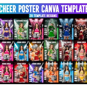 Puede incluir: Una plantilla de póster digital con el texto "CHEER POSTER CANVA TEMPLATE" y "20 TEMPLATE DESIGNS". La imagen presenta 20 diseños diferentes de animadoras, cada uno con una animadora en uniforme y pompones.