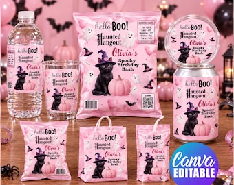 May include: A collection of pink-themed party supplies featuring a black cat wearing a purple witch hat, a pink pumpkin, and ghosts. Items include a water bottle, a snack bag, a glass, a round container, a soda can, and two small favor bags.