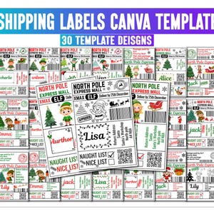 May include: A collection of Christmas-themed shipping labels with the text "SHIPPING LABELS CANVA TEMPLATE" and "30 TEMPLATE DESIGNS". The labels feature festive illustrations, including elves, Christmas trees, and Santa Claus.