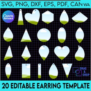 May include: Twenty editable earring templates in various shapes, including hearts, teardrops, and geometric shapes. The templates are filled with a light blue color and have a green grass design at the bottom. The text "DRAG & DROP" is visible in the bottom right corner.