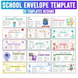 May include: A collection of 20 school envelope templates featuring various colorful designs, including illustrations of robots, rockets, school supplies, and apples. Each template includes fields for date, teacher, student name, and payment checkboxes.