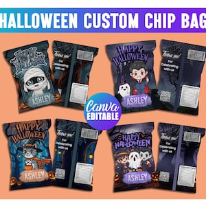 Puede incluir: Una colección de bolsas de patatas fritas personalizadas con temática de Halloween. Cada bolsa presenta un diseño único con personajes como una momia, un vampiro, un gato y fantasmas. Las bolsas están personalizadas con el nombre "Ashley" y el texto "Happy Halloween".