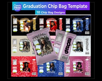 May include: A template for graduation chip bags, featuring various designs with photos, the text "Graduation Chip Bag Template," and the year "2025." The bags are in different colors, with the names "Amelia" and "Happy Grad."