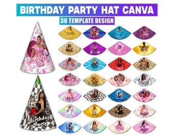 May include: A collection of 30 birthday party hat templates for Canva, featuring various colorful designs, patterns, and photographic elements. The text BIRTHDAY PARTY HAT CANVA and 30 TEMPLATE DESIGN is displayed at the top of the image.
